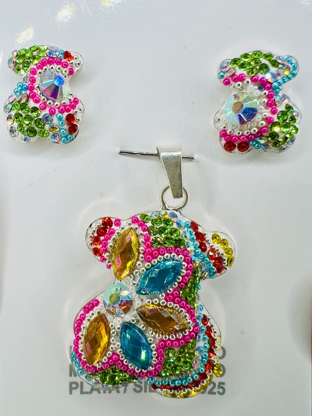 Multicolor Crystal Teddy Pendant & Stud Earring Set